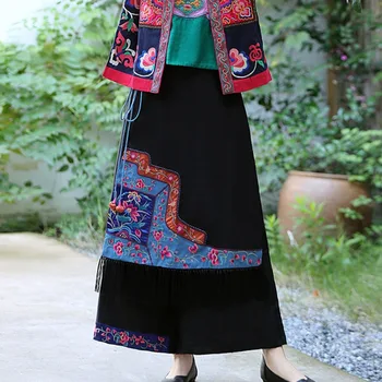 A Nők Harajuku Vintage Hosszú Nadrág Kínai Etnikai Stílusban Hímzett Vászon Széles Láb Nadrág Ropa Alkalmi Pantalones De Mujer Ruházat