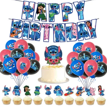 Lilo & Stitch Téma Banner Léggömb Meghatározott Boldog Születésnapot, Fiúk, Lányok, Gyermek Party Dekorációk, Kellékek Torta Topper Kék Zászló, Új