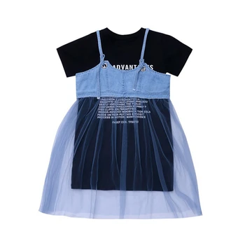 Girls T-shirt kombiné ruha a Lány rövid ujjú póló kombiné meghatározott Lány nyári divatos háló ruhás Lány ruha ruha