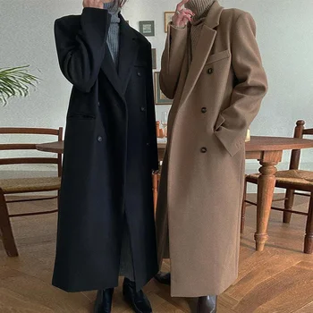 Koreai Női Kabát, Elegáns Őszi Téli francia Hajtóka Dupla Soros Laza térdig érő Ruha Tweed Kabát