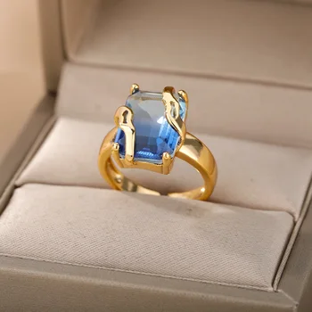 Nagy, Kék Köbméter Cirkon Tér Kő Gyűrűk Nők Rozsdamentes Acél Arany Tér Geometriai Ujj Gyűrű Fél Kiegészítők, Ékszerek