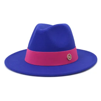 Royal kék M fedora kalap széles kötél tartozékok fedora kalap férfi panama kalap fedora kalap, nagy karimájú kalapot egyház kalap