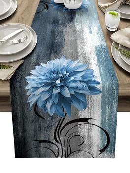 Dahlia Olajfestmény Kék Asztali Futó Luxus Otthon Étkező Asztal Dohányzóasztal Nyaralás, Esküvő, Dekoráció, Parti Vacsora Asztali Futó