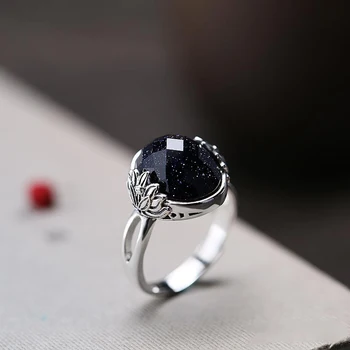Új design, ezüst berakásos ovális lotus fekete kristály női gyűrű nyitó állítható klasszikus temperamentum luxus ékszerek