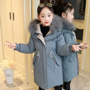 Lány Pamut Hosszú Kabát&Outwear Gyermek Kabát Lányok Téli Ruhát, Meleg Kabát Szőrme Hooed Snowsuit Gyerekek