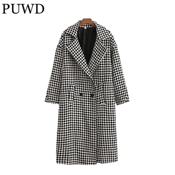 PUWD Vintage Nők V-Nyak Kockás Tweed Hosszú Kabát 2021 Őszi Divat Női Zsebében Gombot Streetwear Kabát Női Elegáns Outwear