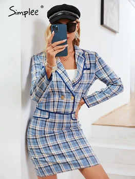Simplee Kockás v-nyakú vintage hosszú ujjú blézer szoknya szett nők Hivatal hajtóka slim illik kék Alkalmi válltömés ruha ruha 2021