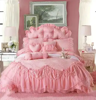 Koreai Rózsaszín Csipke Princess Ágynemű Szett Luxus Jacquard Szatén Selyem/Pamut Fodros Paplanhuzat Ágytakaró Pléd Párnahuzatok