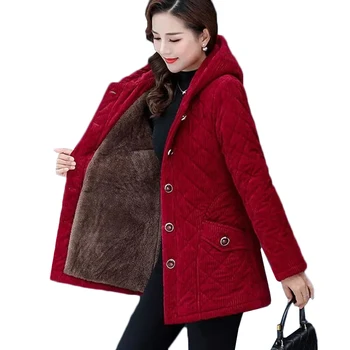 Új Női Kabát Téli Plusz Gyapjú Thicke Kordbársony Felsőruházat Parker Női Kapucnis Pamut Bélelt Kabát Plus Size 5XL Alap-Réteg