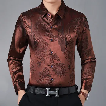Kínai stílusú dombornyomott sárkány minta high-end luxus hosszú ujjú ing, Őszi 2018 minőségű selyem pamut boutique póló férfi M-3XL