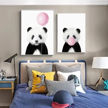 Panda Nyomtatás Állat, Rágó, Poszter, Művészi Kép Dekoráció Aranyos Rózsaszín Lufi Ajándék a Babának Vászon Festmény, Gyerekszoba Fali