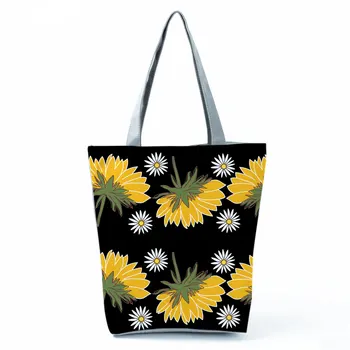 Napraforgó Nyomtatott Fekete Női Táska Frissítő Egyszerű Váll táska Környezetbarát Táskák Nagy Kapacitású Hordozható táska
