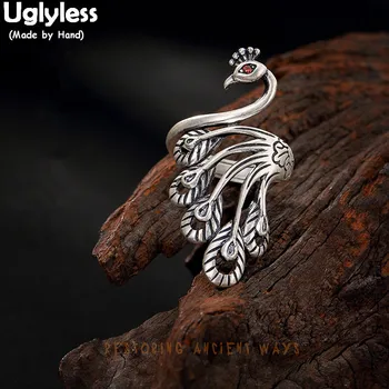 Uglyless Igazi 990 Jól Ezüst Nők Kézzel Vésett Páva Ujj Gyűrű Üreges Etnikai Thai Ezüst Nyitó Gyűrű Phoenix Bijoux