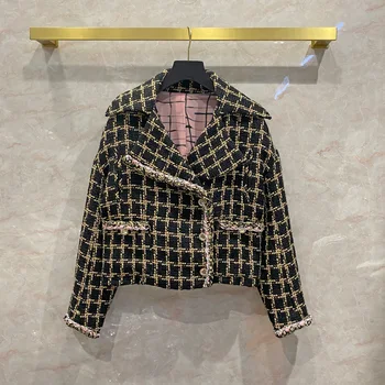 Új Széles gyapjú öltöny galléros kabát rövid kockás szövet lánc szalag Gangfeng Nanyou fény luxus női blúz
