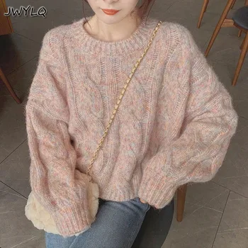 Kötés Pulóverek Női Rózsaszín O-nyak Pullovers Új Vintage Vastag Kötött Hosszú Ujjú Felső Ruhát koreai Divat Laza Pulóver