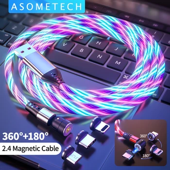 540 Forgatás Világító LED Mágneses Kábel Micro-USB-C Típusú Kábel USB-C Kábel-Gyors Töltés Kábel iPhone Huawei Samsung Xiaomi
