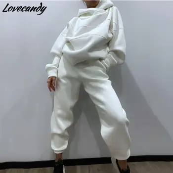 A Nők Egyszínű Polár Kapucnis Pulcsit Felső Nadrágom Két Darab, Meghatározott Őszi Téli Női Alkalmi Streetwear Melegítőben 2021