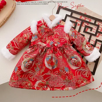 Kisgyermek Piros Ruha Hosszú Ujjú Vastagabb Meleg Téli Virág Embrodiery Kínai Stílusú Új Évet Hagyományos Ruha Lányoknak