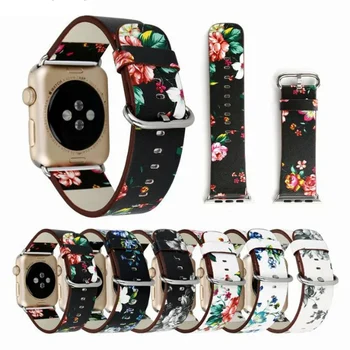 Bőr szíj Apple Nézni zenekar 44mm 40mm Tartozékok Virágos Nyomtatott Watchband Karkötő iWatch 38mm 42mm series 3 4 5 6 zenekar