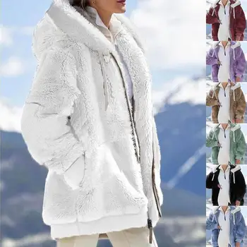2021 Új Téli Plüss Kapucnis Pulóver Cipzáras Őszi-Téli Bő Kabát Női Meleg Kapucnis Dzseki Női Cipzáras Outwear