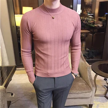 2021 őszi-téli férfi pulóver divat férfi pulóver boutique férfiak fele-magas gallér szakaszon szűk pulóver vékony kötött felső