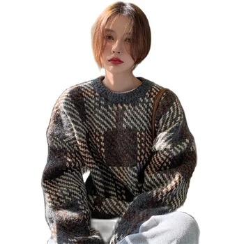 Divat Vastag laza, hosszú ujjú pulóver téli pulóver nők koreai retro kockás Sleev Kötött női Felső Ugró 2021