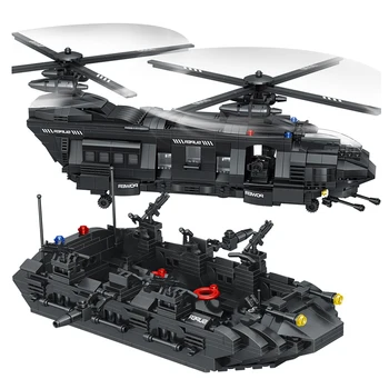 Katonai kommandót CH-47 Chinook szállító Helikopter Blokk Támadás Hajó DIY Hadsereg Épület Tégla Játékok Fiú Gyerekek Ajándék