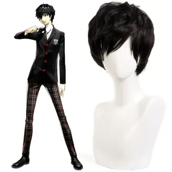 Persona 5 joker cosplay rövid, fekete haja szintetikus cosplay paróka unisex Halloween Party ránctalanító göndör haj cosplay