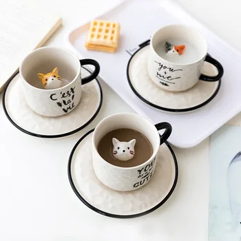 Kreatív Kerámia Bögre Kanállal Tálca Aranyos Macska Megkönnyebbülés, Kávé, Tej, Tea Fogantyú Porcelán Csésze Víz Pár Kupa Újdonság Ajándékok