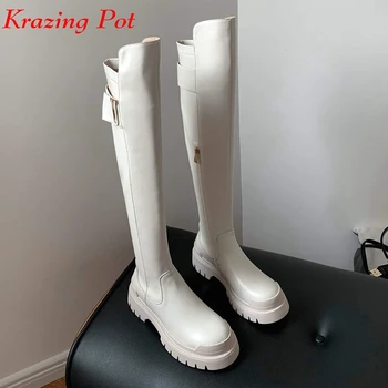 Krazing pot magas minőségű tehén bőr, lapos platform ins szakaszon comb csizma kerek toe téli cipő zip-a-térd csizma