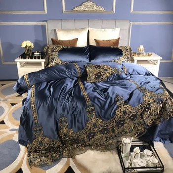 Luxus Európai Stílusú Kék 100 Selyem Pamut Palota ágyneműgarnitúra Arany Csipke Hímzés paplanhuzat Ágy Lap/Vászon Párnahuzat 5db